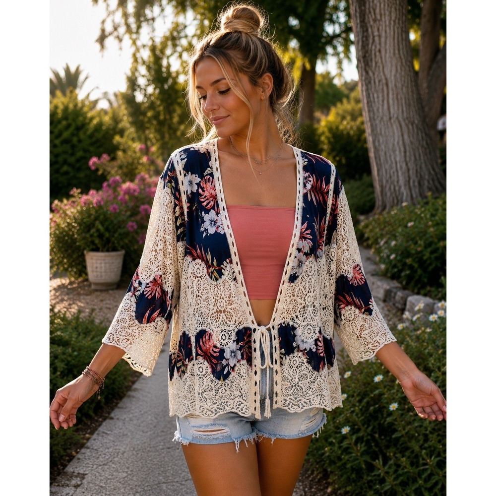 Ember Boho Crochet Lace Cottagecore Cardigan L Tropical Floral Festival ZZ19